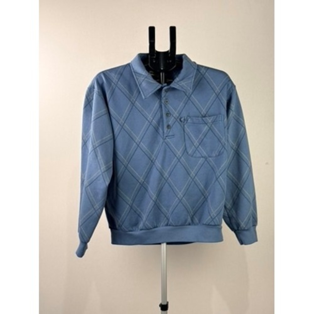 Weatherman Mens Blue Diamond Grid Long Sleeve Polo Sweatshirt Size Medium